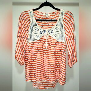 Umgee Orange/Cream High-Low Boho Crocheted 3/4 Sleeve Top Size S EUC